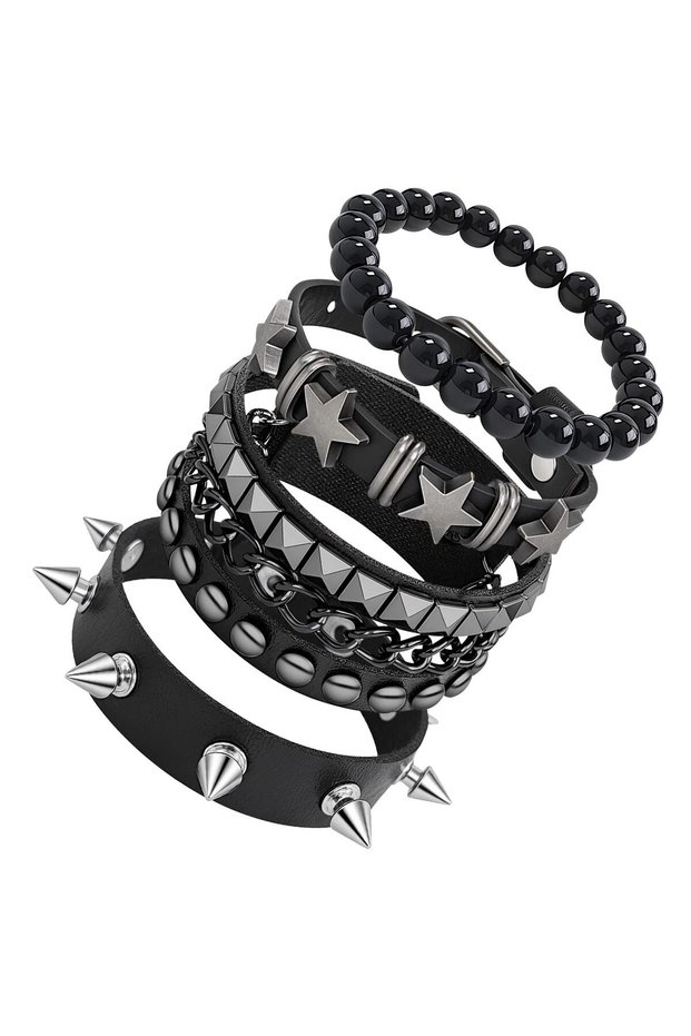 Black 4-piece set 4Pcs Men Women Punk Leather Bracelet Set Black Beaded Spiked Studded Star Chain Go