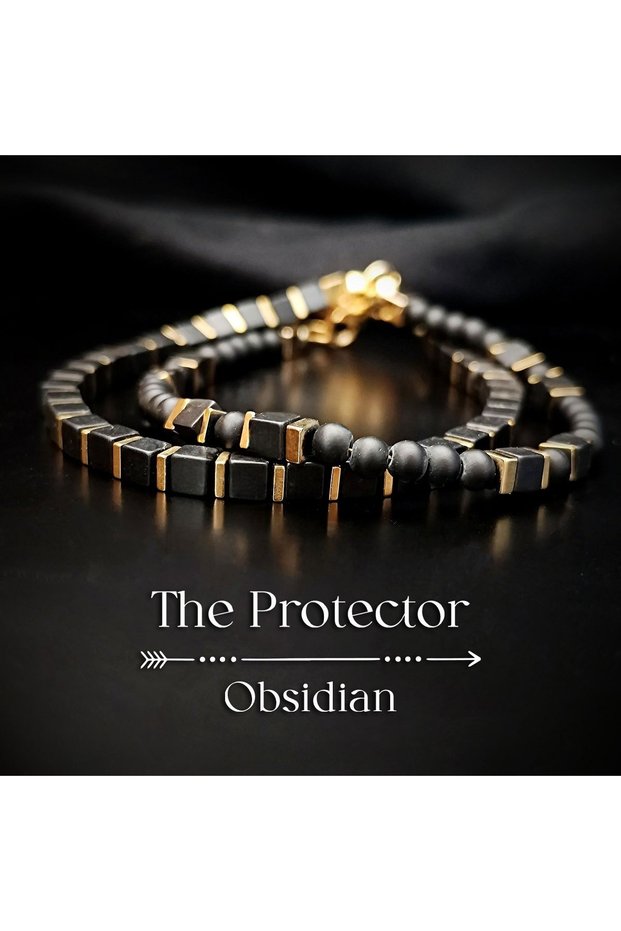 18cm Two-Piece Set of Vintage-Style Obsidian Beaded Protective Bracelets, Handmade Natural Stone Ski