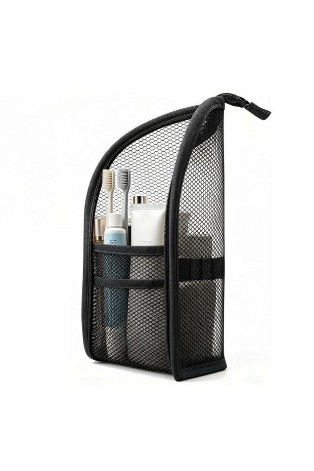 Black Travel Gym Daily Mesh Toiletry Bag 1PC, Black White Portable Multi-Functional Toothbrush Cosme