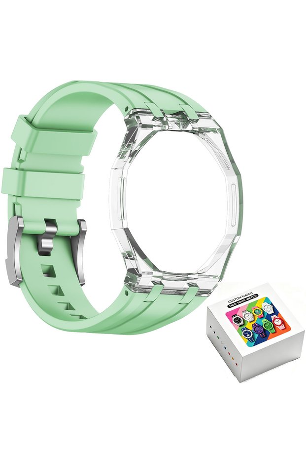 For Royal POP 12-Light Green Transparent Case+Liquid Silicone Strap Modification Kit for Swatch X AP