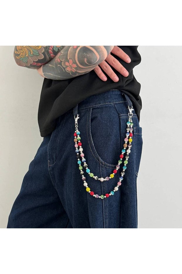 Style 2 Salircon Trendy Colorful Rhinestone Beaded Waist Chain Belt Keychain Men Punk Harajuku Bag P