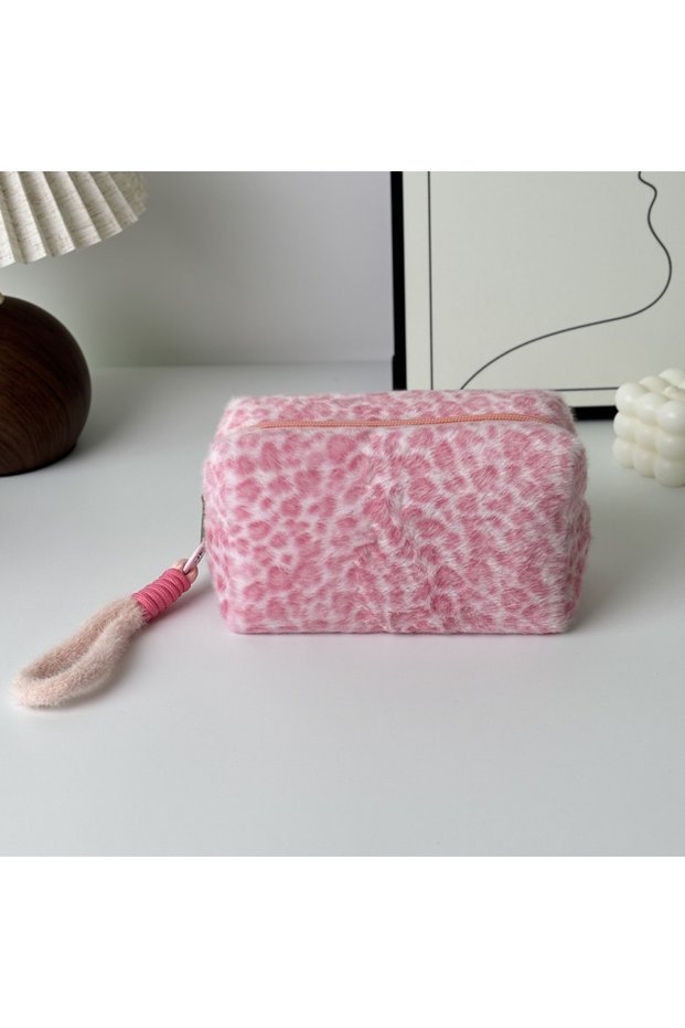 Pink Plush Leopard Print Large-Capacity Cosmetic Bag, Portable Travel Toiletry Storage Bag, Travel T