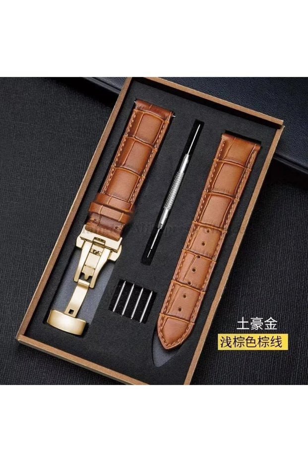 18mm Light Brown Gold Genuine Leather Strap With Box Watch Band Butterfly Clasp Bracelet 12/14/16/18