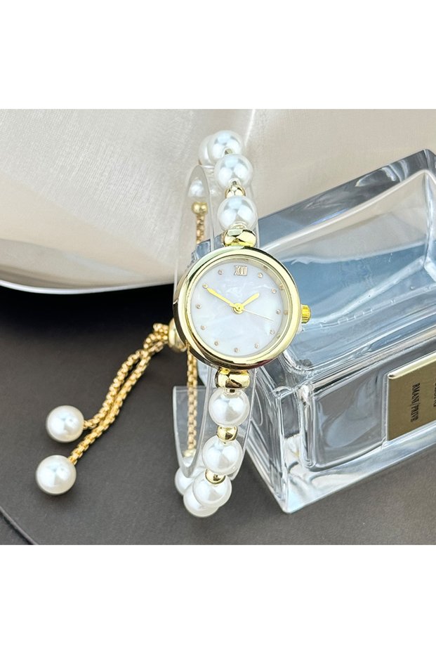 Gold French Romantic Pearl Pull Cord Handheld Watch Elegant Small Fashion Bracelet Quartz Wristwatch
