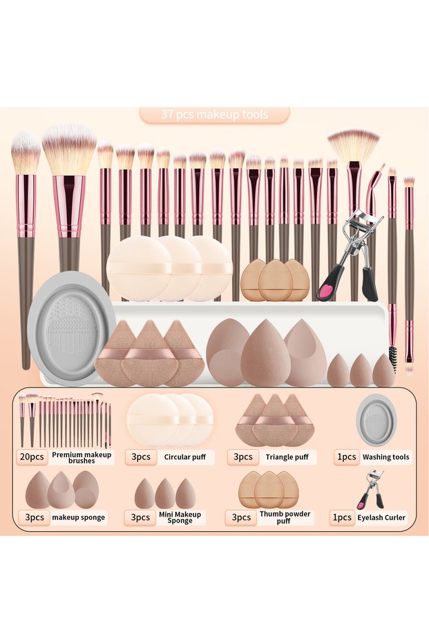 Brown 37PCS Makeup Tools Set, 20 Brushes + Sponges Puffs, Eyelash Curler, Cleaning Tool for Full Fac