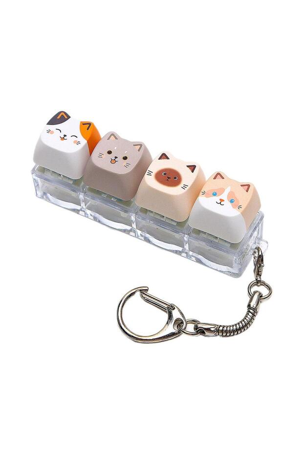White1 Cute Cat Keyboard Fidget Toy,No Light Clicker Fidget Keychain Button 4Keys Switch Tester Cat-