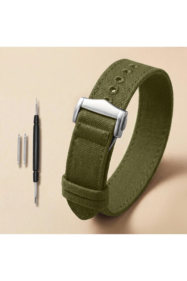 Silver Buckle 18mm Army Green Canvas Watch Strap 18/20/22mm Suitable for Diving Series, Adjustable B