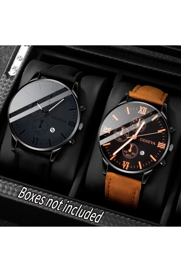 2Pcs 2Pc New Stylish and Fashionable Luxury Men's Leather Strap Quartz Watch Set with Calendar. Best