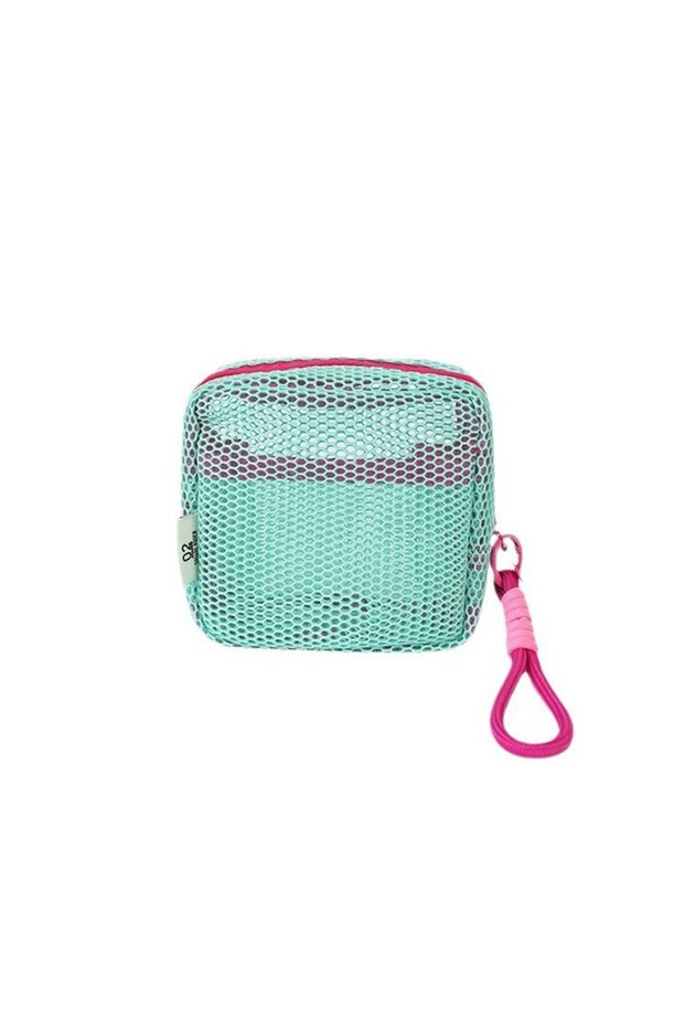Mint Green Small Mesh Beach Pouch Clear Cosmetic Bag with Detachable Wrist Strap Travel Organizer fo