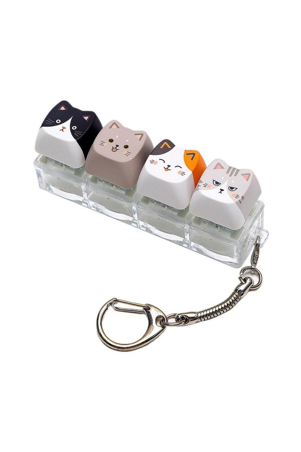 White2 Cute Cat Keyboard Fidget Toy,No Light Clicker Fidget Keychain Button 4Keys Switch Tester Cat-