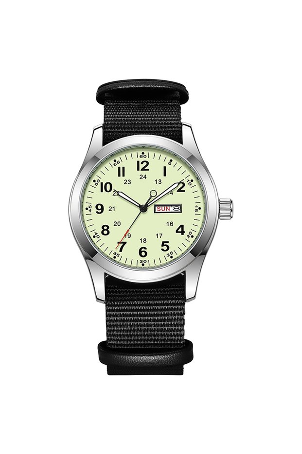 Full Luminous Black 2026 Men's 42mm Watch Glow in the Dark Luminous Dial Day Date Green Canvas Strap