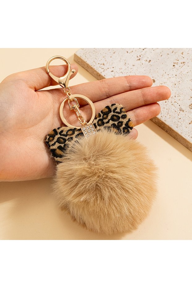 Khaki 1 plush leopard print bow keychain, bag pendant, hairball pendant keychain, fashionable pendan