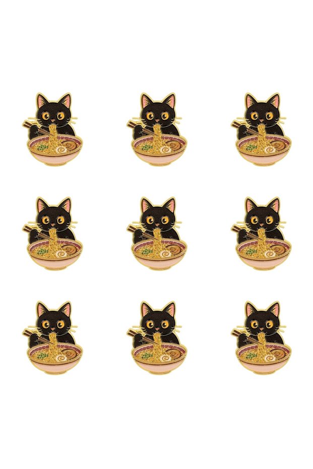 9pcs 9pcs Cute Black Cat Eating Noodles Enamel Brooch Lapel Pin for Clothing Bag Hat Decor Collectib