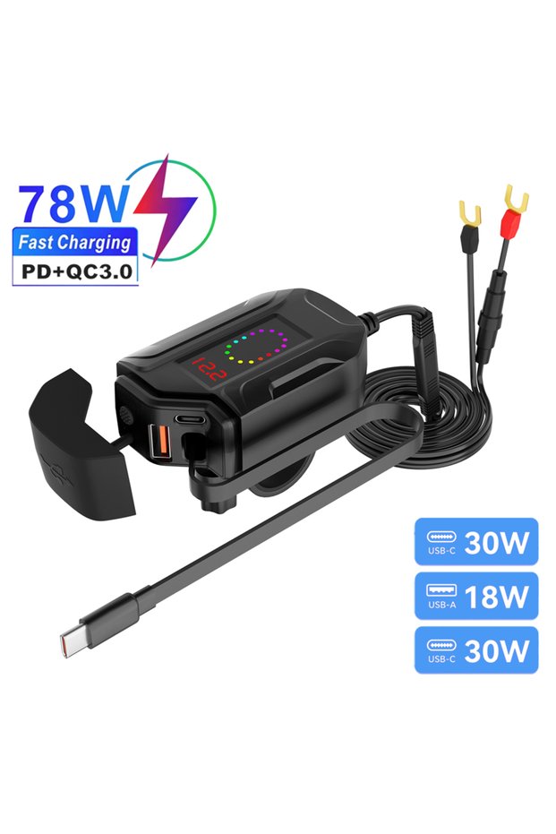 78W with Cable Extractme 78W Motorcycle Quick Charger PD+QC3.0 Phone Power Socket with Digital Switc