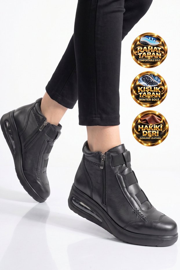 Black Genuine Leather Anatomical Soles Zip-Up Women's Boots 326104 Baie