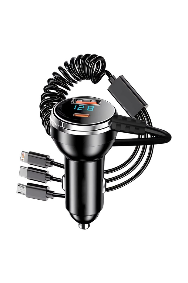 1pcs Black 3 in 1, Coiled/Retractable Spring Cable, LED Voltmeter, Voltage Display, PD QC Charging