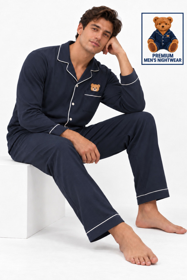Men's Long-Sleeve Cotton Pajama Set with Bear Embroidered Pockets and Premium Buttons