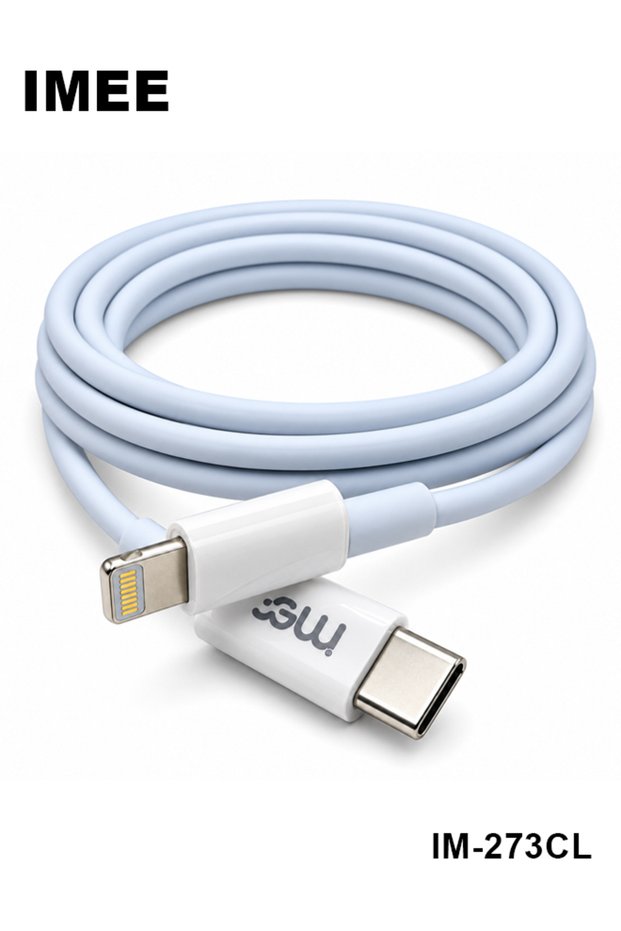 كابل IM-273CL من نوع USB-C إلى Lightning، يدعم الشحن السريع بقوة 27 واط، ونقل البيانات بسرعة 480 ميجابت في الثانية، طوله 1 متر، باللون الأزرق الفاتح.
