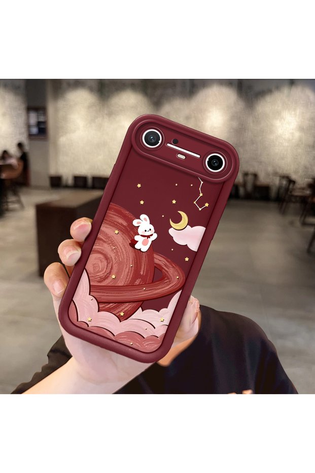 Burgundy Case with Space Rabbit Design for Women, Compatible with Tecno Spark Slim/Pova Slim
