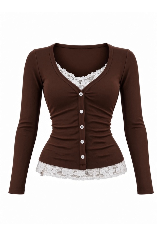 Vintage Button-Down Lace Collar and Embellished Long-Sleeved Blouse