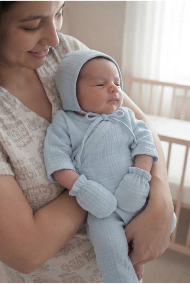 Newborn Hospital Discharge Muslin Onesie, Bonnet, Hat, and Gloves 3-Piece Set - Double-Layer Muslin