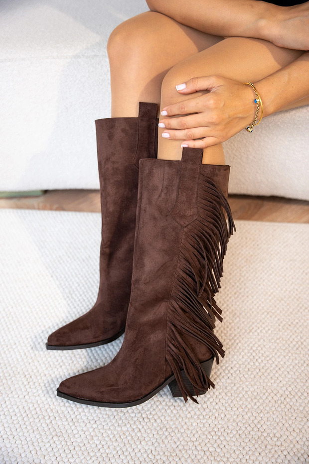 Dietra Tasseled Fringe-Detail Square-Toe Boots with Thick Heel