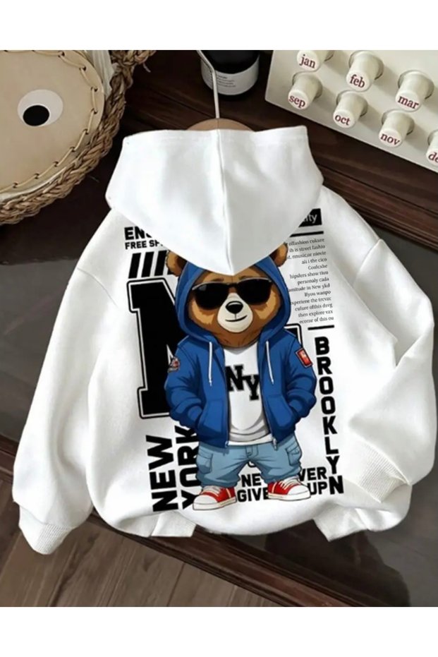BEAR WITH A BLUE HOODED JACKET, BACK PRINT, 100% Cotton, 3-PLY, OVERSIZED, POCKETLESS, LARGE SIZE MEN'S SWEATSHIRT