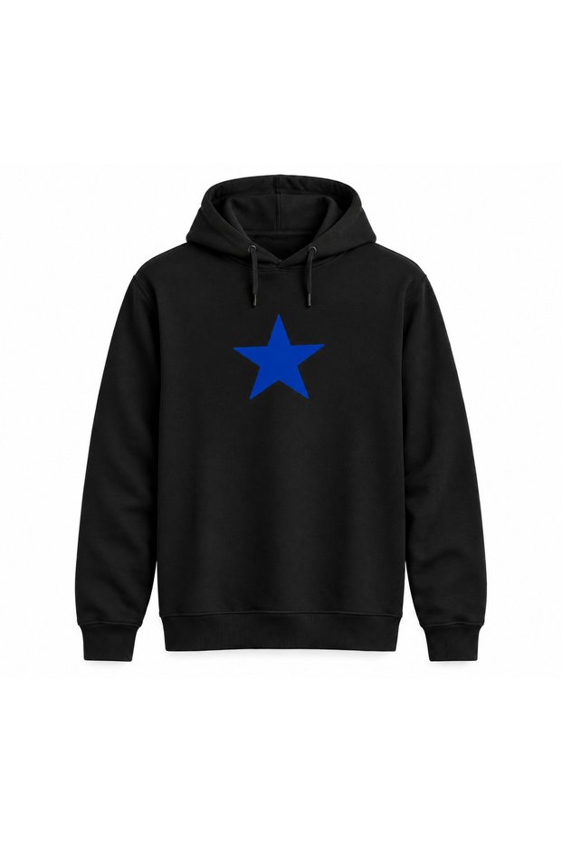Minimal Navy Blue Star DTG-Printed Hooded Sweatshirt Without Pockets
