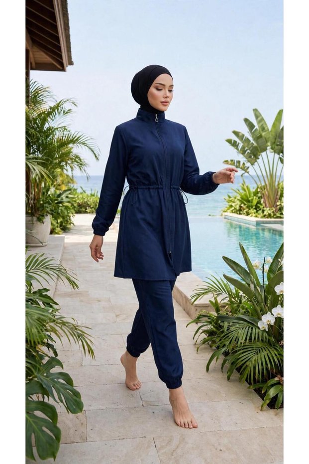 Adjustable-Waist, Elastic-Waisted, Water-Repellent Fabric, 3-Piece Fully Covering Modest Swimwear Hijab Burkini