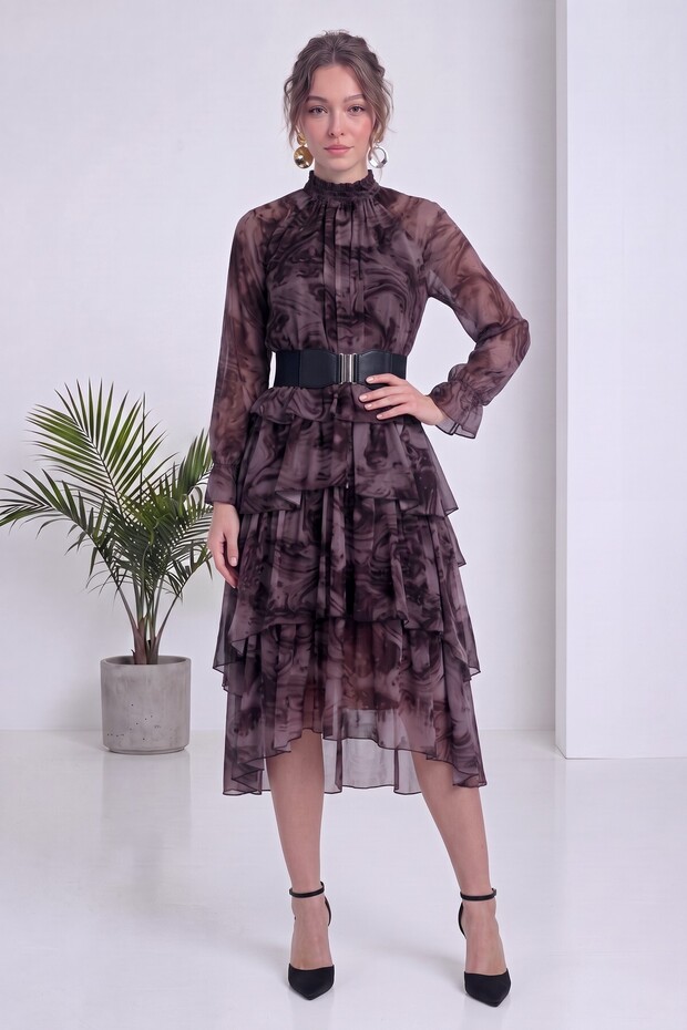 Women's Midi Length Chiffon Dress with Ruffle Detail, Belt Detail, and Print; Long Sleeves; Green, Brown, Purple