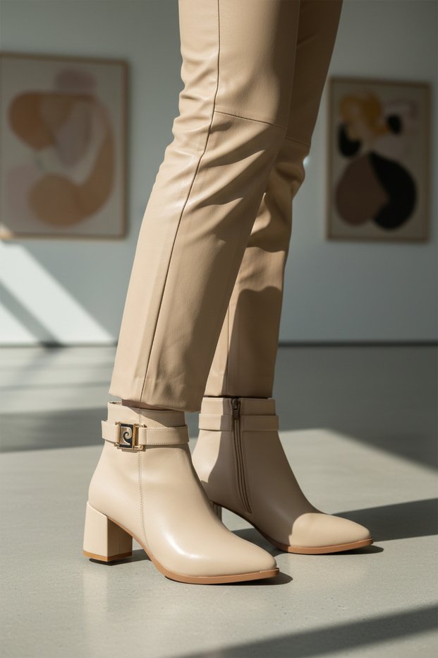 Women's Mid-Heel Zip-Up Boots PC-54975 Cream Shiny