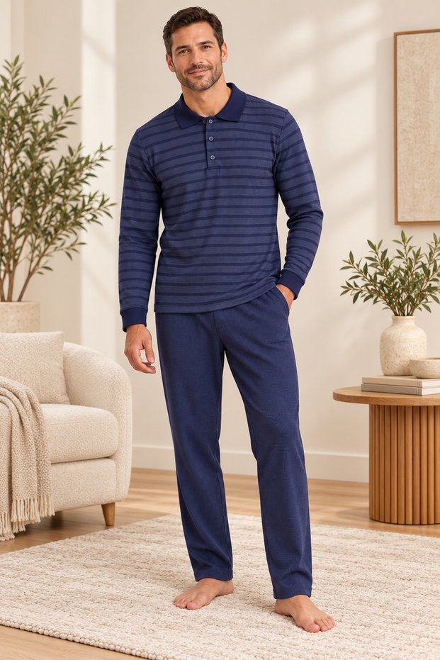 Men's Winter Pajama Set, Thick Brioche Knit Fabric, 100% Cotton, Button-Down Collar, With Pockets, Navy Blue Stripes