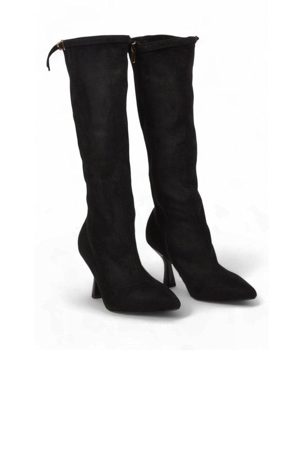 Women's Mid-Heel Zipper Boots 459216 Black Suede