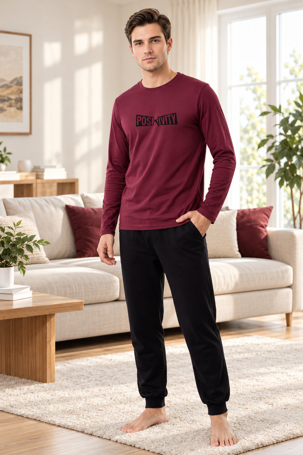 REALMOOD Men's Burgundy 100% Cotton Long-Sleeve Pajama Set – Black Bottoms, Crew Neck, Printed Top, Relaxed Fit