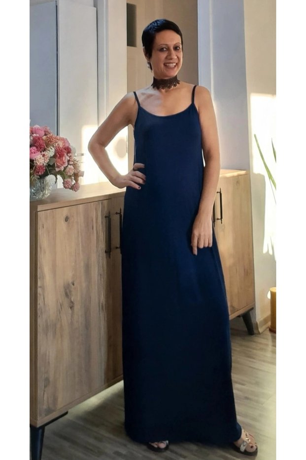 Navy blue jersey spaghetti strap viscose dress with ankle-length straps
