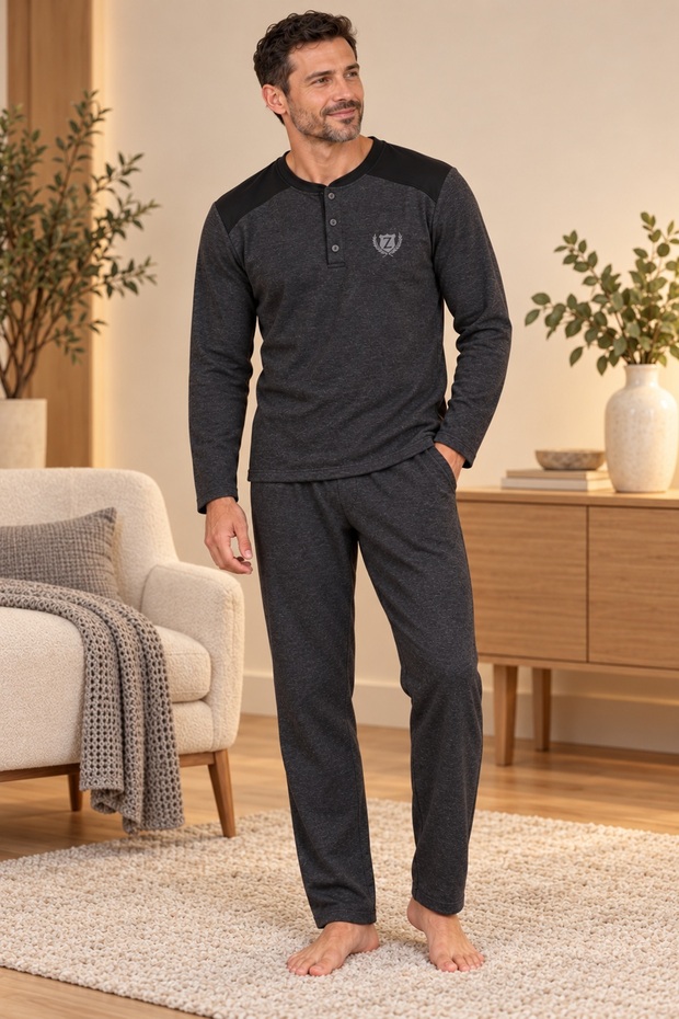 Men's Winter Pajama Set, Thick Brioche Knit Fabric, 100% Cotton, Button-Down Collar, With Pockets, Charcoal Grey & Black