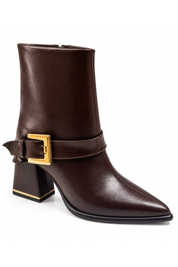 Mk 450 Women's Gold Buckled Casual Boots with Buckle Detail and 7-cm thick heel