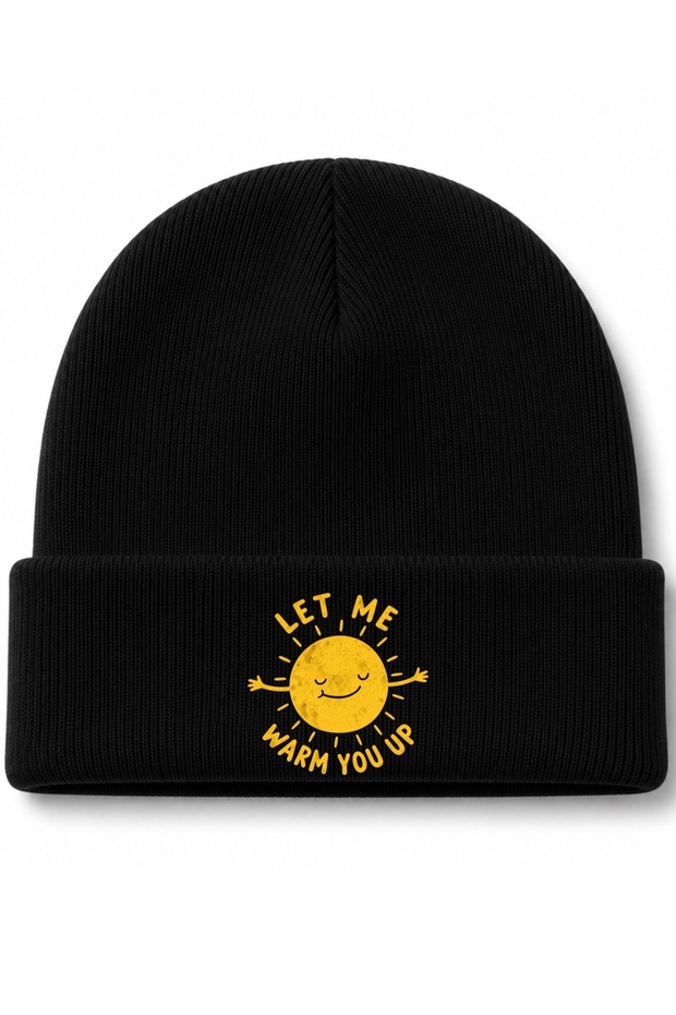 Sunshine Hug – Let Me Warm You Up: Cute Sun-Themed Fold-Over Knit Beanie with "Let Me Warm You Up" Text