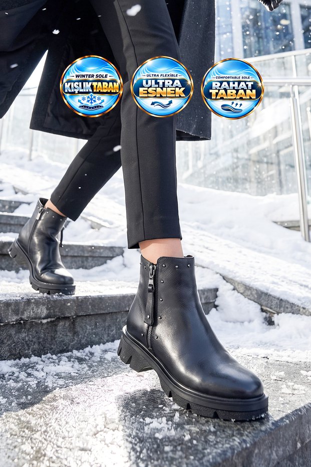 Women's Zip-Up Boots 351107 Black Leather