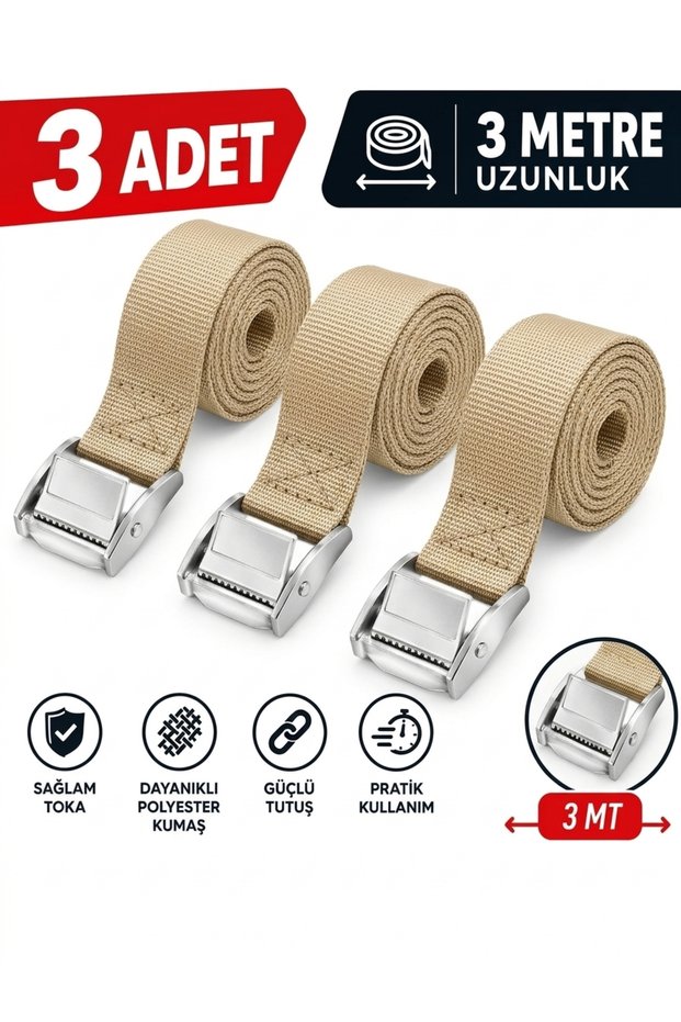 Clip-On Tension Strap, 3 Meters, Beige (3 Pieces)
