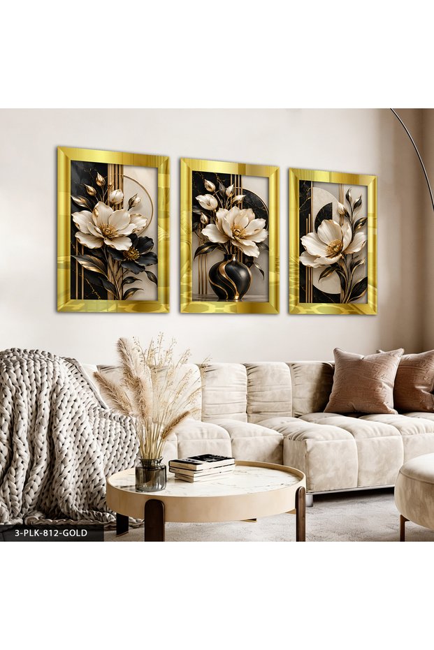 Gold-Glitter Black-and-White Flower 3-Piece Plexiglass Mirrored Artwork