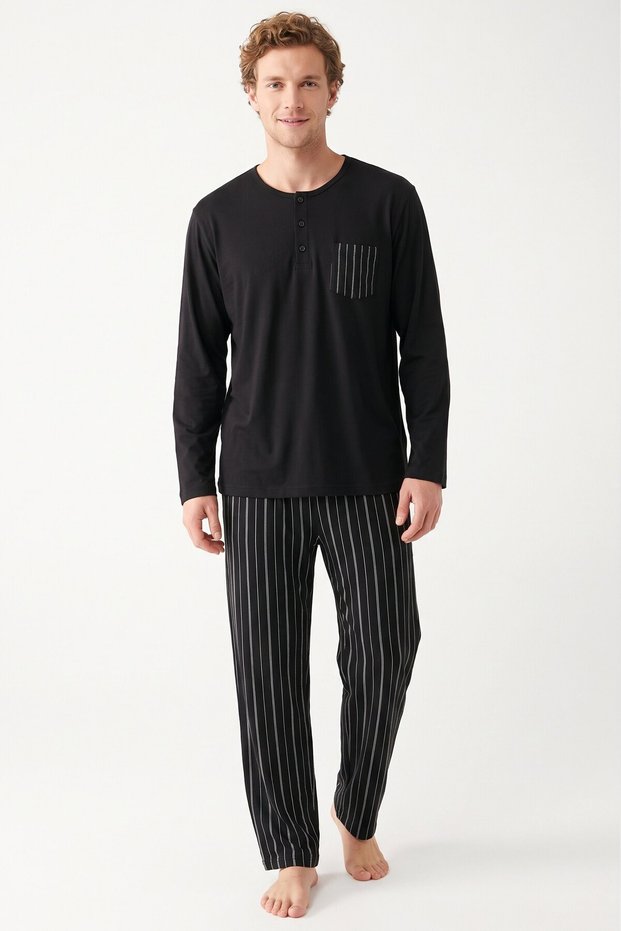 Men's Collared Buttoned Combed Cotton Pajama Set
