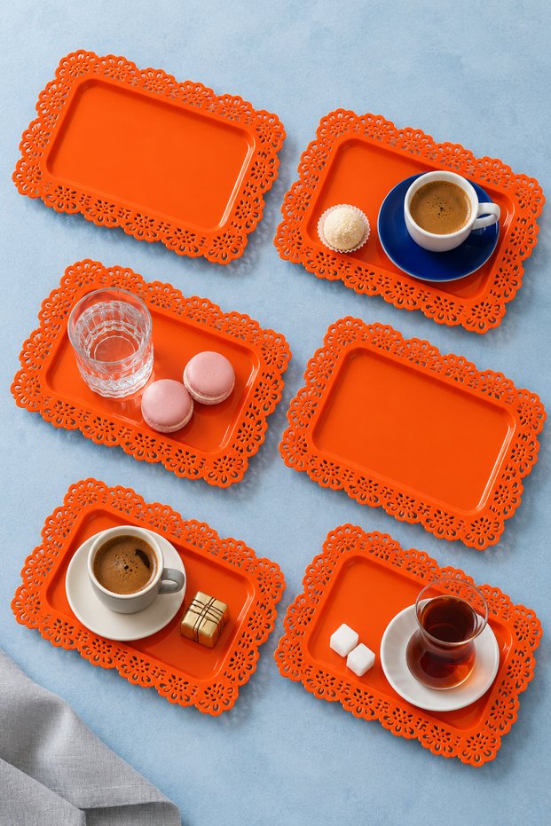 Waro Set of 6 Lace-Patterned Orange and Brown Serving Trays, Tea Trays, Decorative Trays