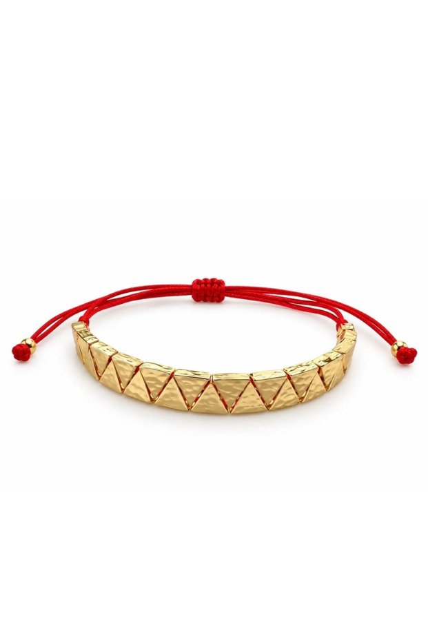 Red cord elevator bracelet with gold detailing.