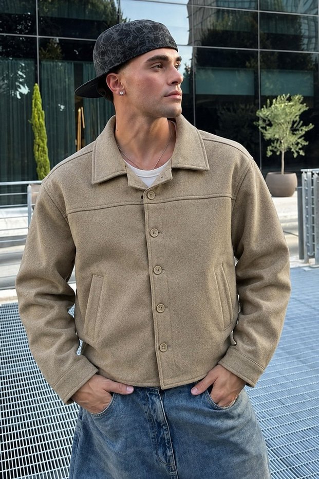 Men's Melton Shirt Collar Button-Up Jacket with Pockets for Everyday Wear
