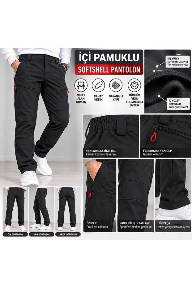 Men's Softshell Pants – Zippered Pockets, Elastic Waistband, Outdoor, Fleece-Lined, Suitable for Work and Everyday Use