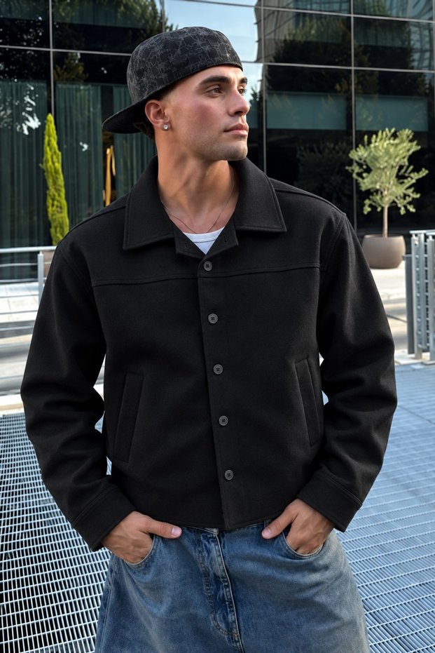 Men's Melton Shirt Collar Button-Up Jacket with Pockets for Everyday Wear