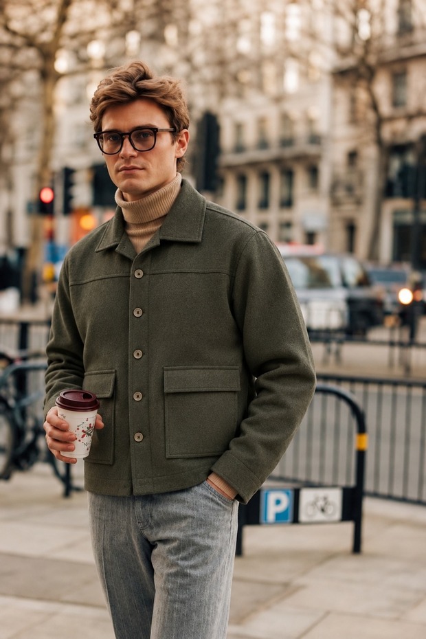 Men's Button-Front Melton Casual Khaki Jacket