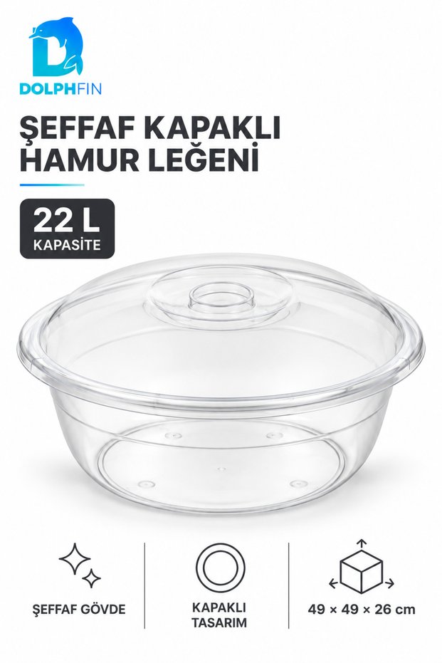 22 L Plastic Dough Bowl with Transparent Lid—Kneading and Kitchen Prep Bowl