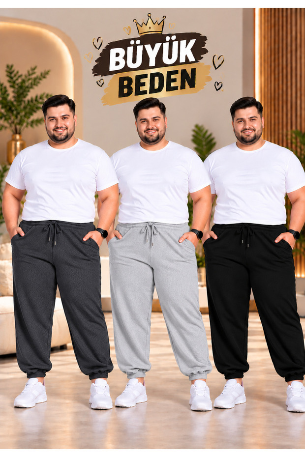 VALUE 3-PACK MEN'S LARGE SIZE ELASTICATED HEM SWEATPANTS